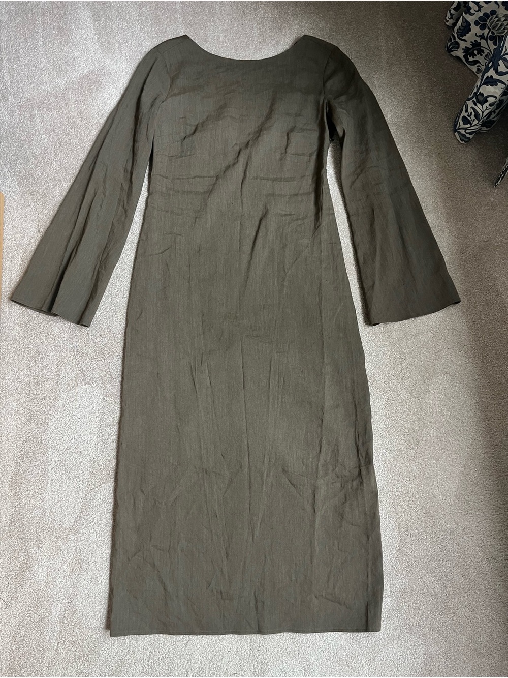Massimo Dutti khaki green Long Sleeve Midi bell sleeve Linen Blend dress size 6